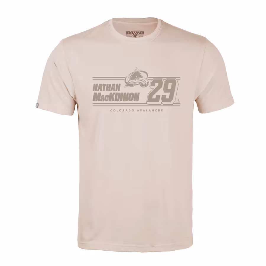 Men's Colorado Avalanche Nathan MacKinnon Levelwear Khaki Richmond Mileage Name & Number T-Shirt - Puhuasuan