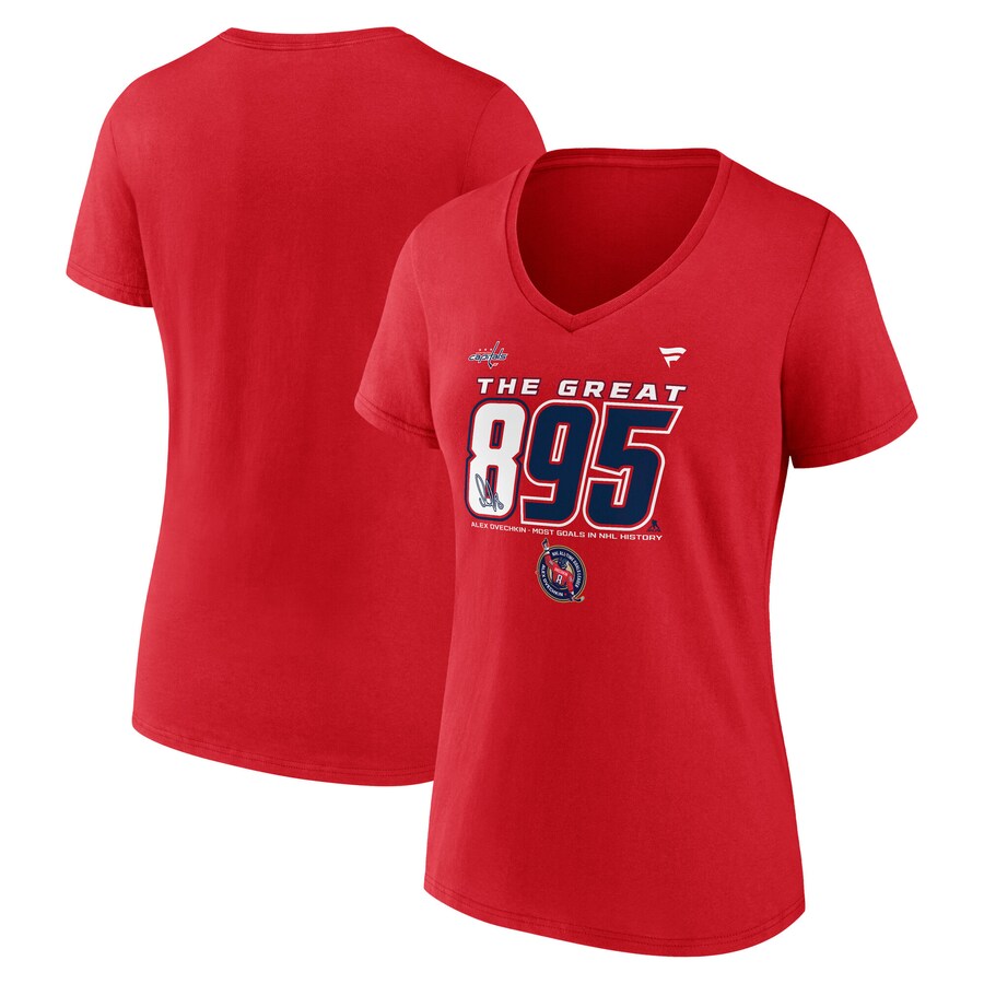 Women's Washington Capitals Alexander Ovechkin Fanatics Athletic Red NHL All-Time Leading Goal Scorer The Great 895 V-Neck T-Shirt - Puhuasuan