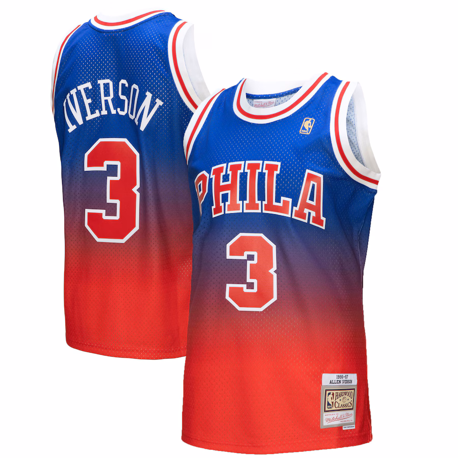 Men's Philadelphia 76ers Allen Iverson Mitchell & Ness Red/Royal 1996/97 Hardwood Classics Fadeaway Swingman Player Jersey - Puhuasuan