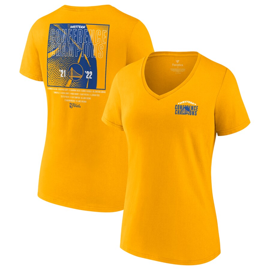 Women's Golden State Warriors Fanatics Gold 2022 Western Conference Champions Balanced Attack Roster V-Neck T-Shirt - Puhuasuan