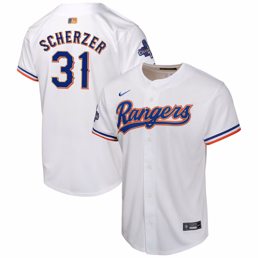 Youth Texas Rangers Max Scherzer Nike White 2024 Gold Collection Limited Player Jersey - Puhuasuan