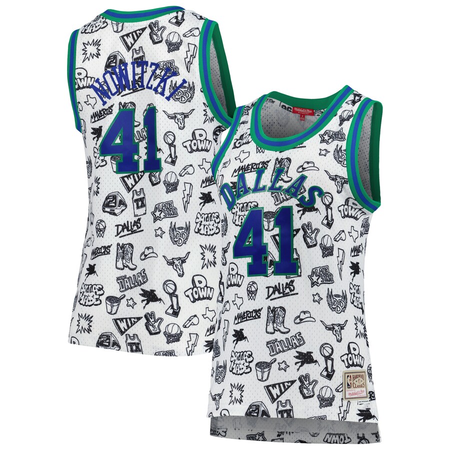 Women's Dallas Mavericks Dirk Nowitzki Mitchell & Ness White 1998 Doodle Swingman Jersey - Puhuasuan