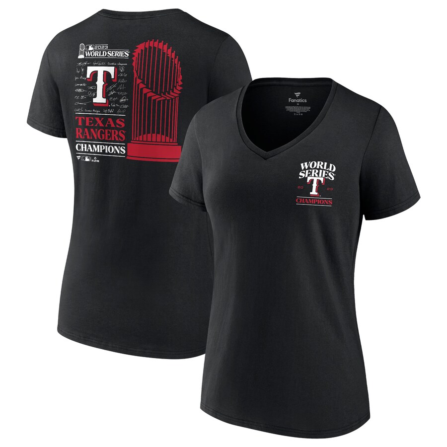 Women's Texas Rangers Fanatics Black 2023 World Series Champions Signature Roster V-Neck T-Shirt - Puhuasuan