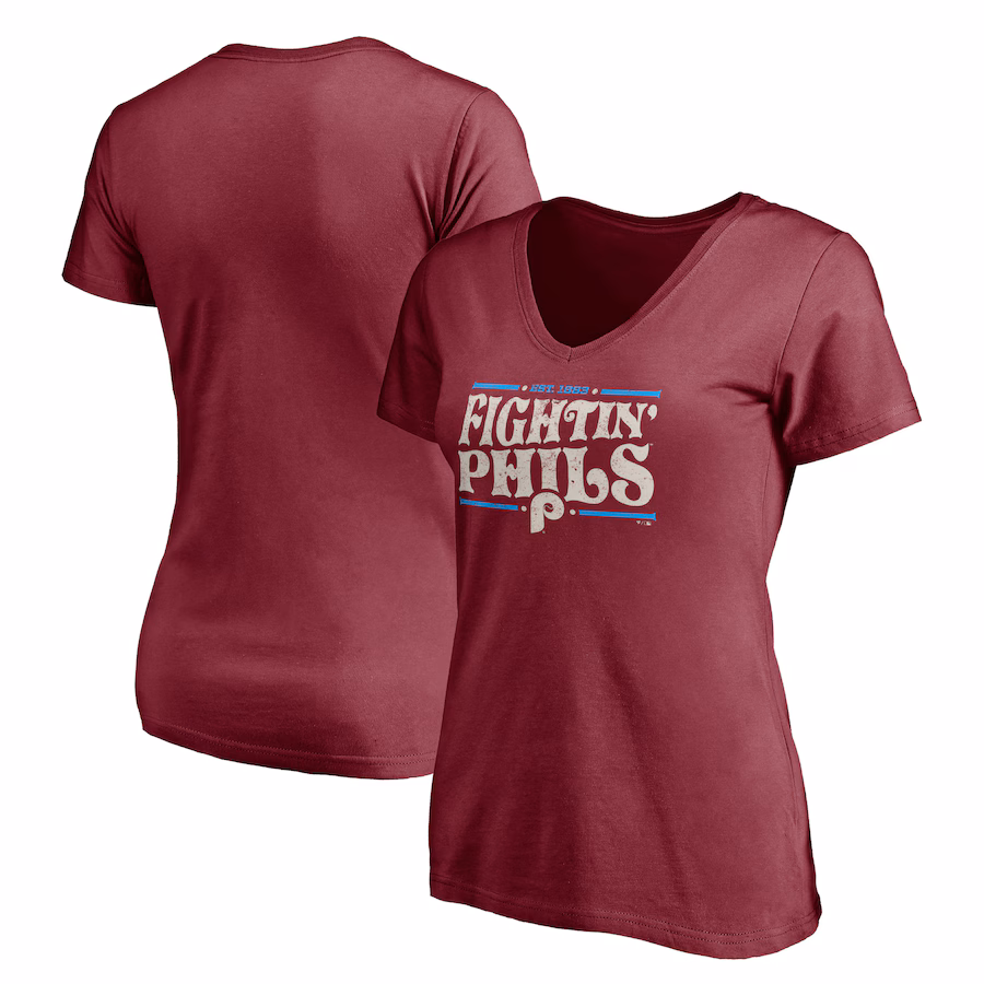 Women's Philadelphia Phillies Burgundy Fightin' Phils V-Neck T-Shirt - Puhuasuan