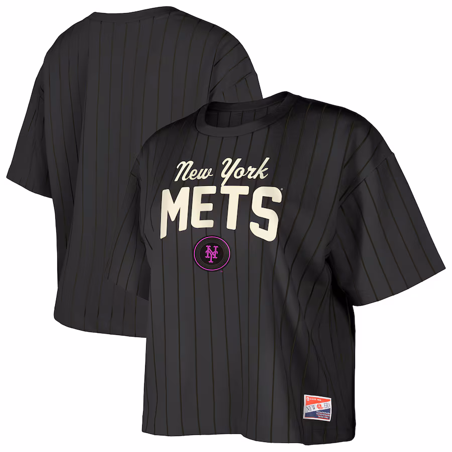 Women's New York Mets New Era Black City Connect Multiplier Pinstripe Cropped T-Shirt - Puhuasuan