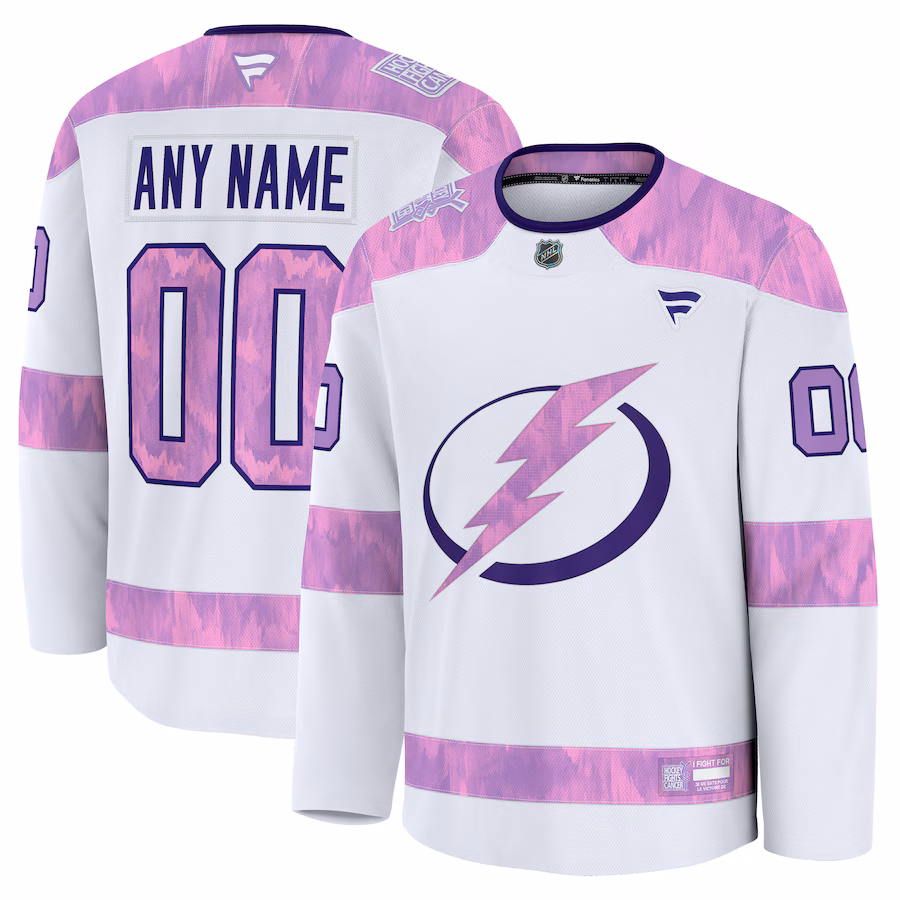 Men's Tampa Bay Lightning Fanatics White 2024 Hockey Fights Cancer Custom Practice Jersey - Puhuasuan