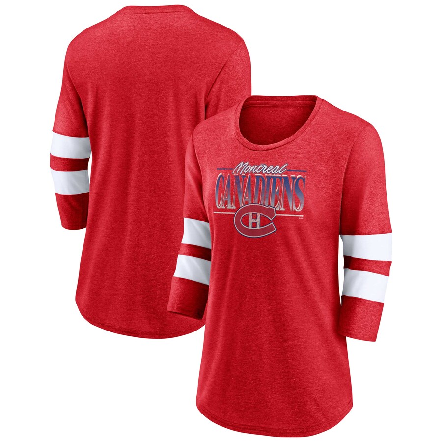 Women's Montreal Canadiens Fanatics Heathered Red/White Full Shield 3/4-Sleeve Tri-Blend Raglan Scoop Neck T-Shirt - Puhuasuan