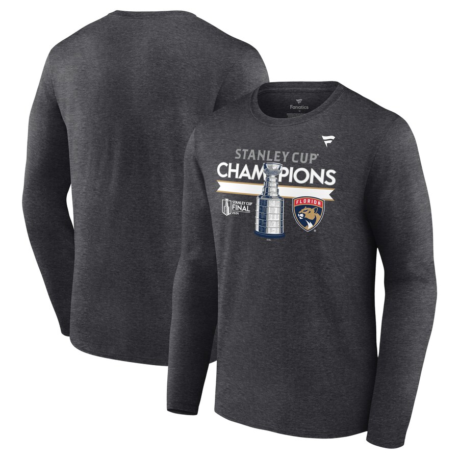 Men's Florida Panthers Fanatics Heather Charcoal 2024 Stanley Cup Champions Locker Room Long Sleeve T-Shirt - Puhuasuan