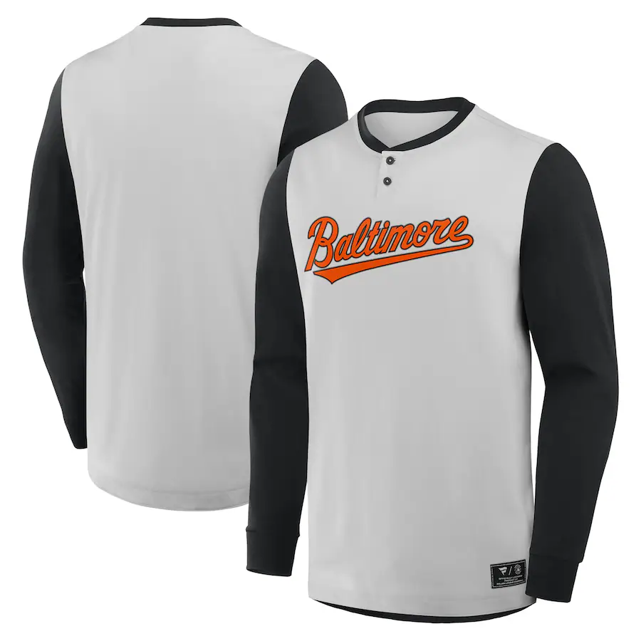 Men's Baltimore Orioles Fanatics Gray/Black Clubhouse Long Sleeve Henley Shirt - Puhuasuan