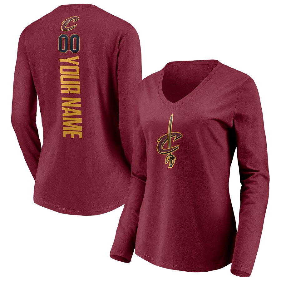 Women's Cleveland Cavaliers Wine Playmaker Personalized Name & Number Long Sleeve V-Neck T-Shirt - Puhuasuan