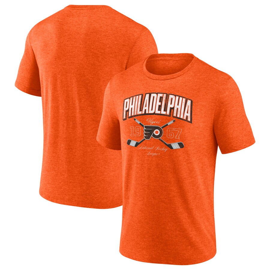 Men's Philadelphia Flyers Fanatics Heather Orange Vintage Cross Sticks Distressed Tri-Blend T-Shirt - Puhuasuan