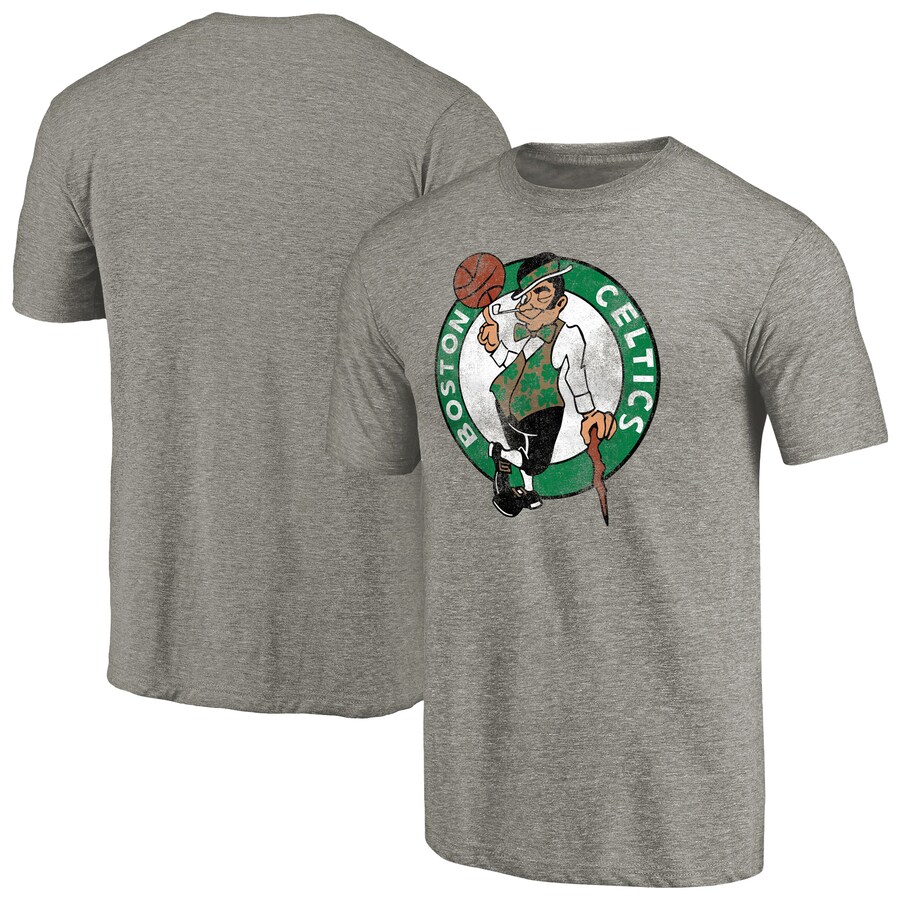 Men's Boston Celtics Heathered Gray Distressed Team Logo 2 Tri-Blend V-Neck T-Shirt - Puhuasuan