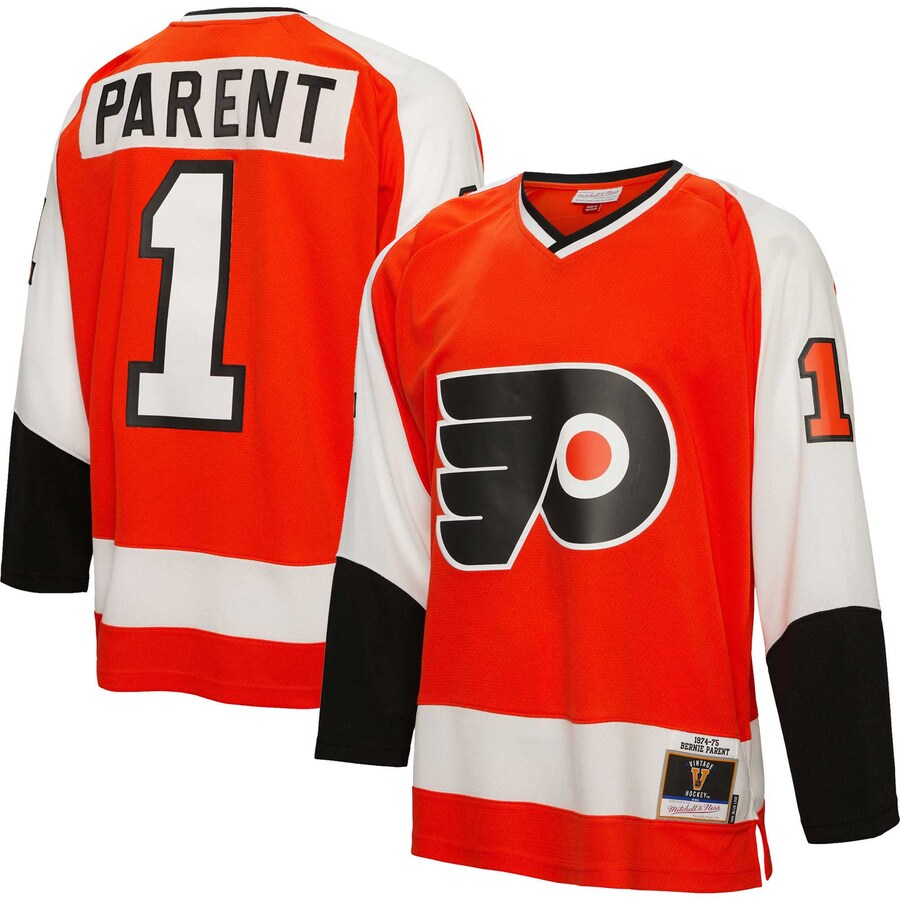 Men's Philadelphia Flyers Bernie Parent Mitchell & Ness Orange 1974/75  Blue Line Player Jersey - Puhuasuan