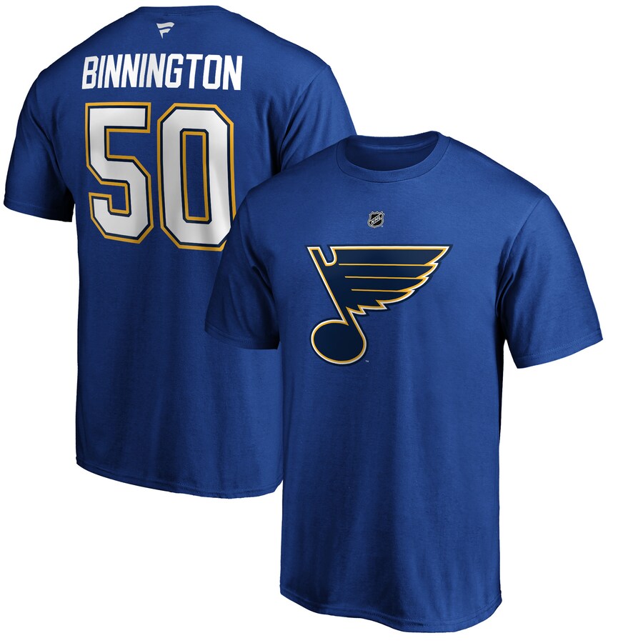 Men's St. Louis Blues Jordan Binnington Fanatics Blue Team Authentic Stack Name & Number T-Shirt - Puhuasuan