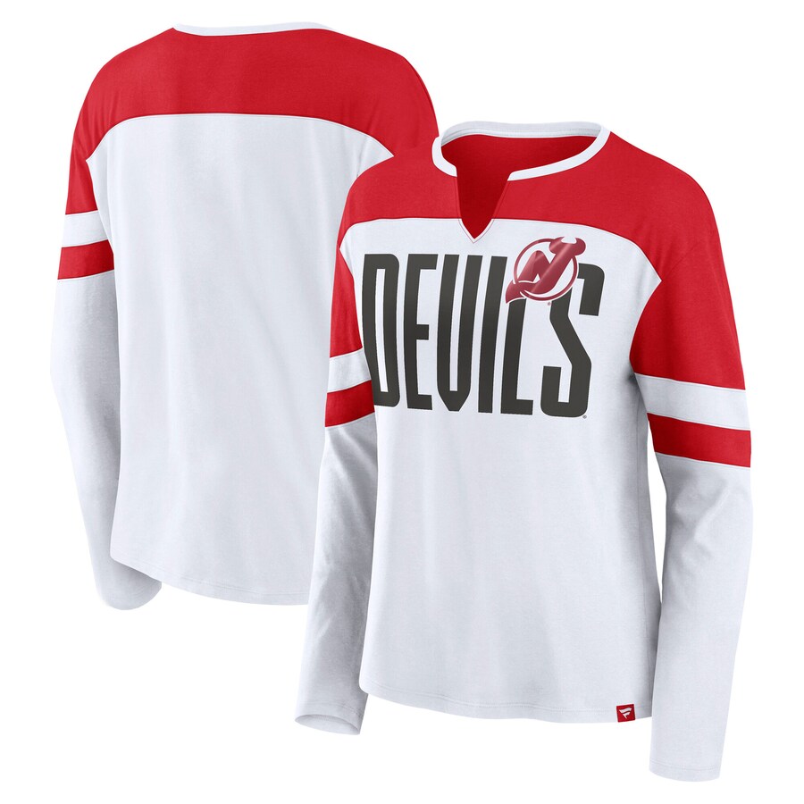 Women's New Jersey Devils Fanatics White/Red Frozen Long Sleeve Notch Neck T-Shirt - Puhuasuan