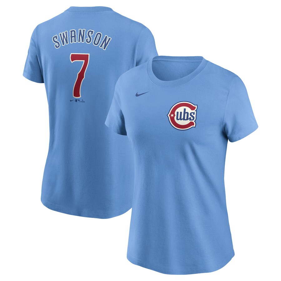 Women's Chicago Cubs Dansby Swanson Nike Baby Blue Fuse Name & Number T-Shirt - Puhuasuan