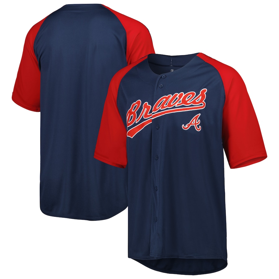 Men's Atlanta Braves Stitches Navy Button-Down Raglan Fashion Jersey - Puhuasuan