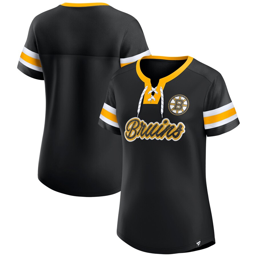 Women's Boston Bruins Fanatics Black Iconic Athena Lace-Up T-Shirt - Puhuasuan