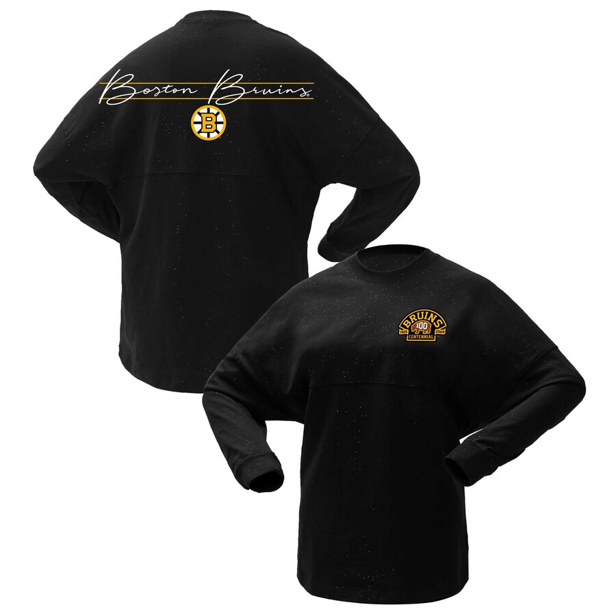 Women's Boston Bruins Fanatics Black 100th Anniversary Sparkle Spirit Jersey T-Shirt - Puhuasuan