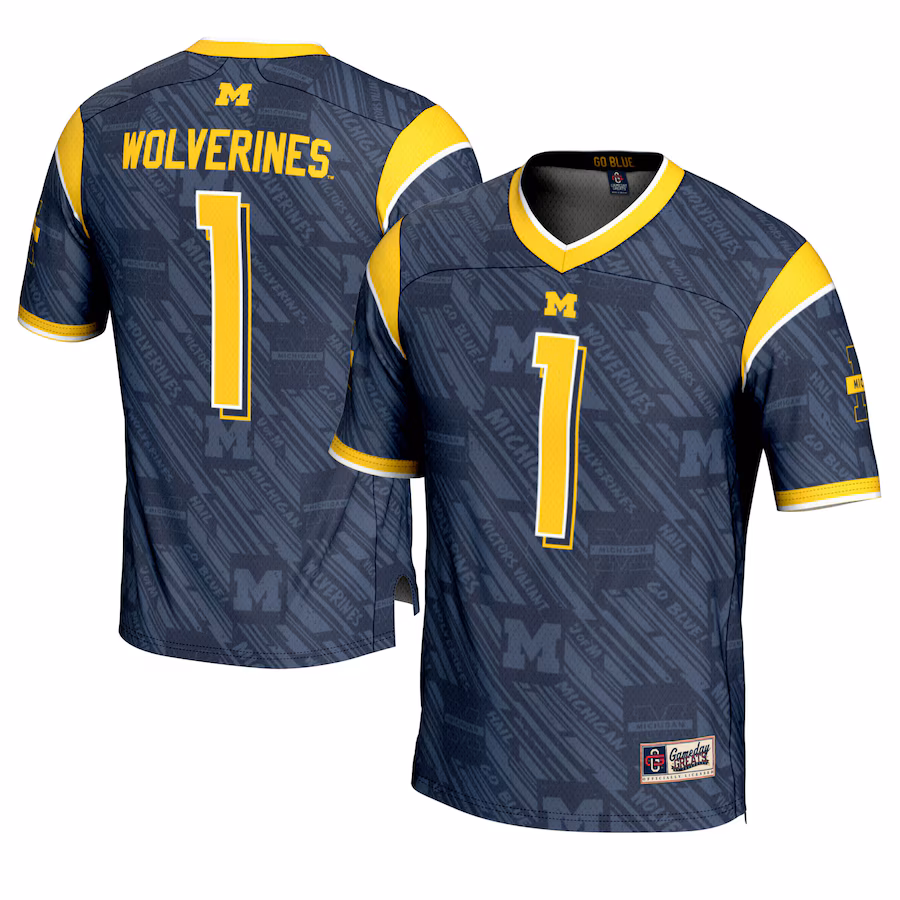 Youth GameDay Greats #1 Navy Michigan Wolverines Highlight Print Football Fashion Jersey - Puhuasuan