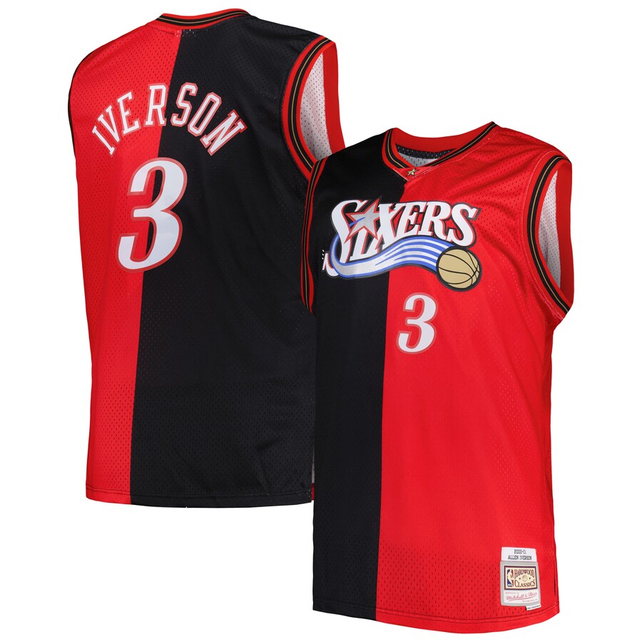 Men's Philadelphia 76ers Mitchell & Ness Black/Red Big & Tall Hardwood Classics 2000/01 Split Swingman Jersey - Puhuasuan