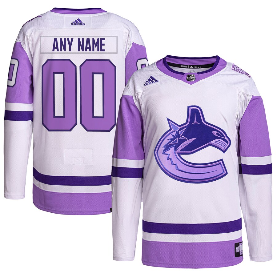 Men's Vancouver Canucks adidas White/Purple Hockey Fights Cancer Primegreen Authentic Custom Jersey - Puhuasuan