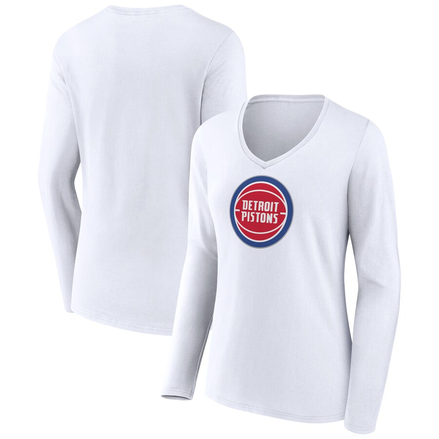 Women's Detroit Pistons White Logo Long Sleeve V-Neck T-Shirt - Puhuasuan