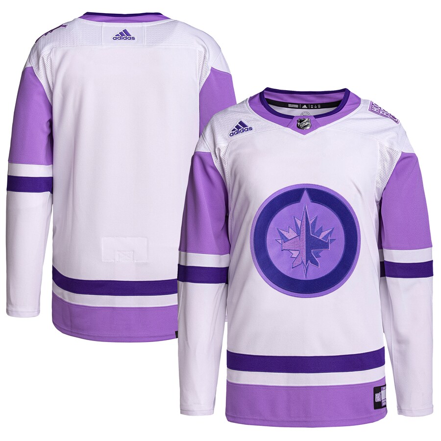 Men's Winnipeg Jets adidas White/Purple Hockey Fights Cancer Primegreen Authentic Blank Practice Jersey - Puhuasuan