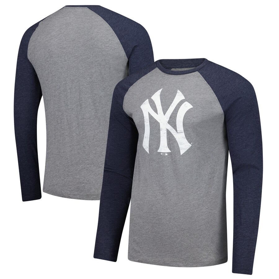 Men's New York Yankees Fanatics Heather Gray/Heather Navy Weathered Logo Tri-Blend Raglan Long Sleeve T-Shirt - Puhuasuan