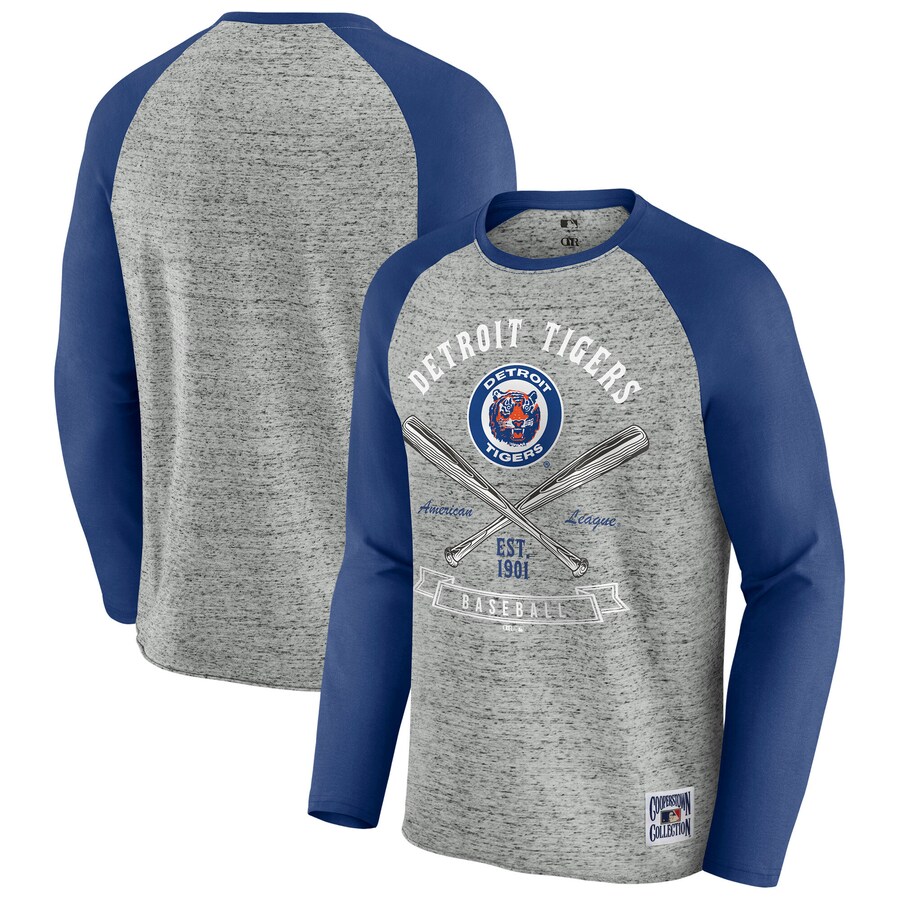 Men's Detroit Tigers Darius Rucker Collection by Fanatics Heather Gray Raw Edge Raglan Long Sleeve Baseball T-Shirt - Puhuasuan