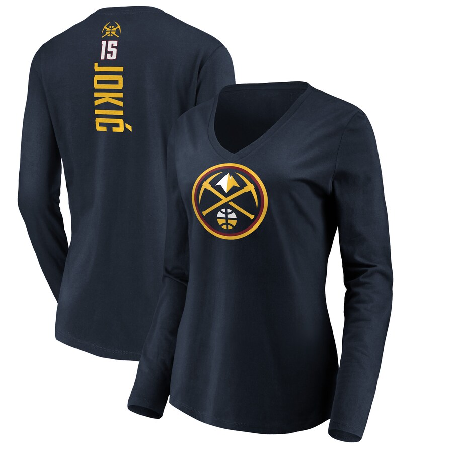 Women's Denver Nuggets Nikola Jokic Navy Playmaker Name & Number Long Sleeve V-Neck T-Shirt - Puhuasuan
