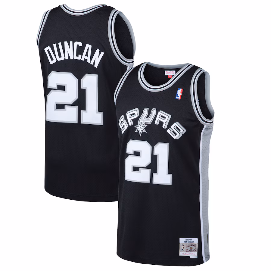 Men's San Antonio Spurs Tim Duncan Mitchell & Ness Black 1998/99 Hardwood Classics Swingman Jersey - Puhuasuan