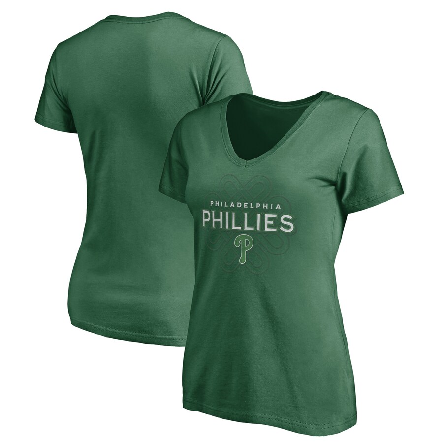 Women's Philadelphia Phillies Green Team Logo Celtic Knot V-Neck T-Shirt - Puhuasuan