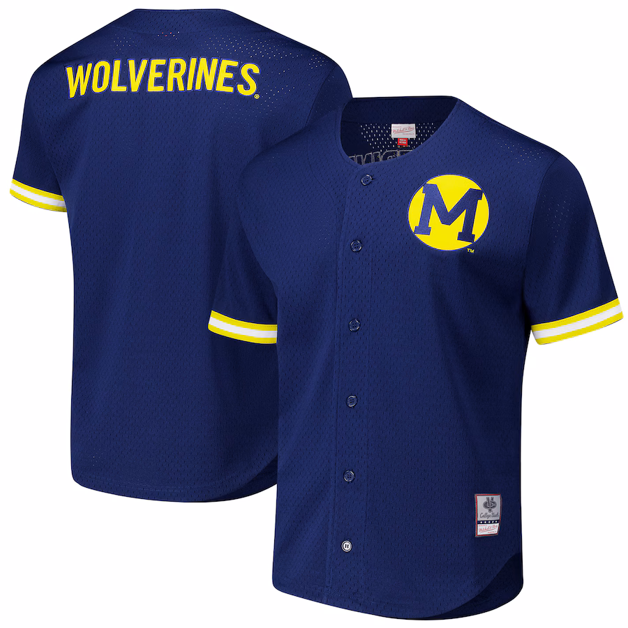 Men's Mitchell & Ness Navy Michigan Wolverines Game Time Vintage Mesh Button Front Top - Puhuasuan