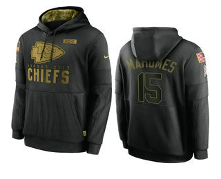 Men's Kansas City Chiefs #15 Patrick Mahomes Black 2020 Salute To Service Sideline Performance Pullover Hoodie - Puhuasuan