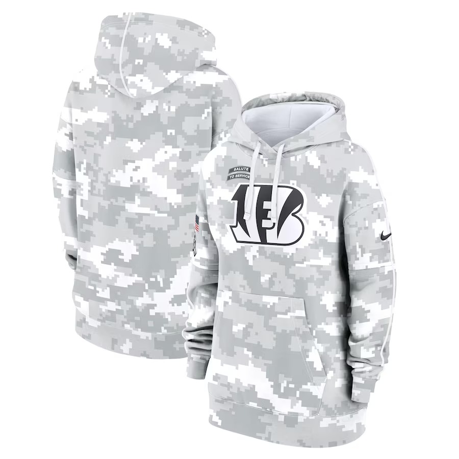 Women's Cincinnati Bengals Nike Arctic Camo 2024 Salute To Service Club Fleece Pullover Hoodie - Puhuasuan