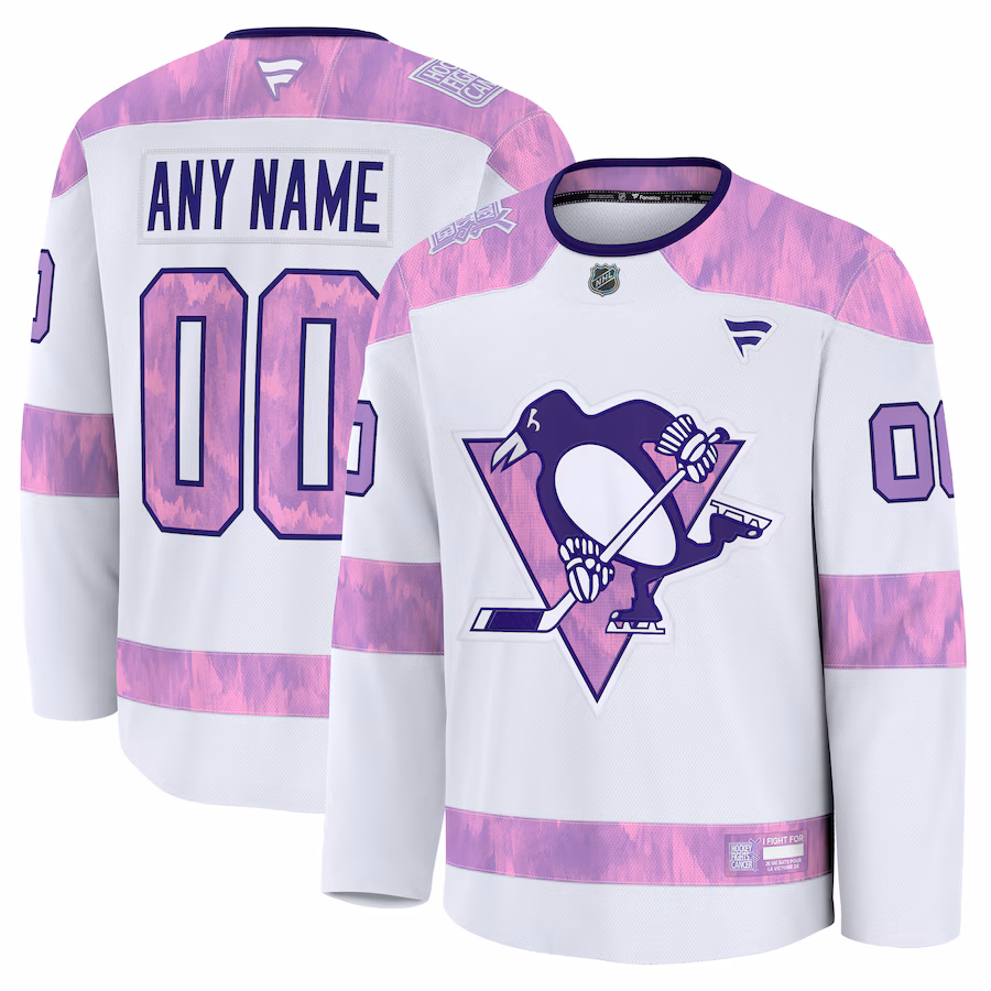 Men's Pittsburgh Penguins Fanatics White 2024 Hockey Fights Cancer Custom Practice Jersey - Puhuasuan