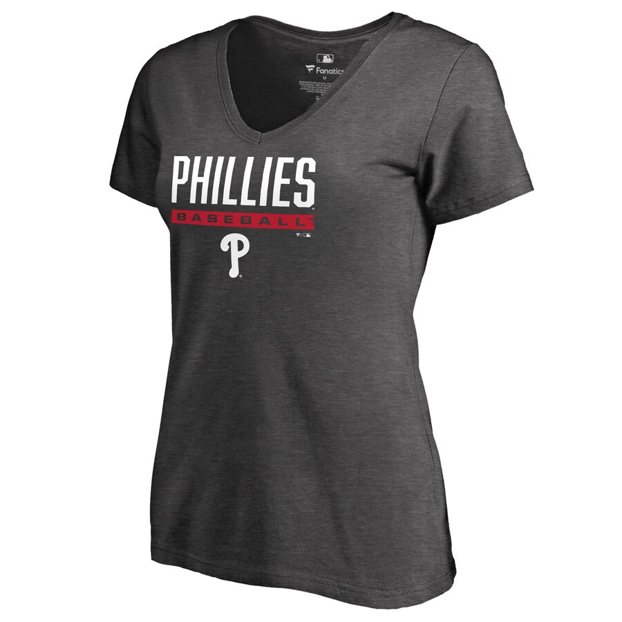 Women's Philadelphia Phillies Ash Win Stripe V-Neck T-Shirt - Puhuasuan