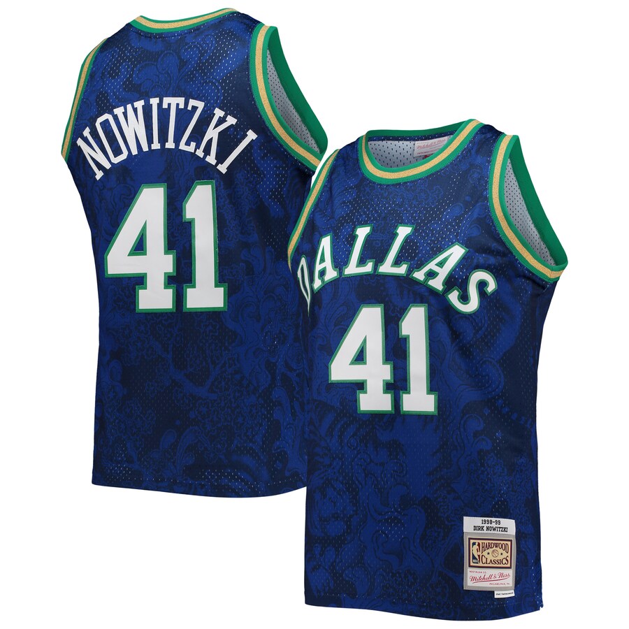 Men's Dallas Mavericks Dirk Nowitzki Mitchell & Ness Blue Hardwood Classics 1998/99 Lunar New Year Swingman Jersey - Puhuasuan