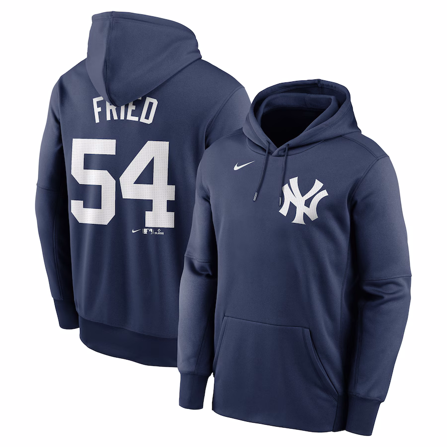 Men's New York Yankees Max Fried Nike Navy Name & Number Pullover Hoodie - Puhuasuan