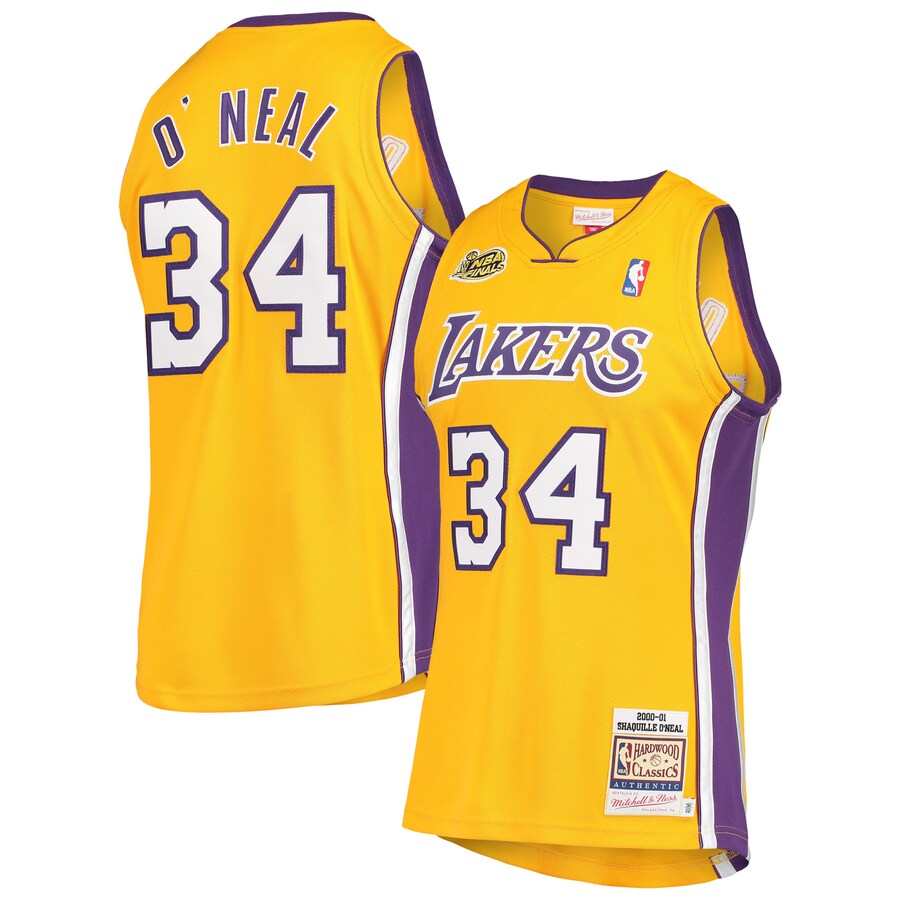 Men's Los Angeles Lakers Shaquille O'Neal Mitchell & Ness Gold 2000 NBA Finals Hardwood Classics Authentic Jersey - Puhuasuan