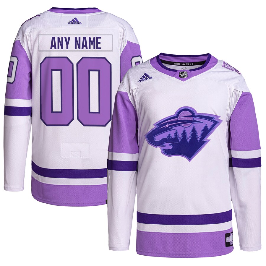 Men's Minnesota Wild adidas White/Purple Hockey Fights Cancer Primegreen Authentic Custom Jersey - Puhuasuan
