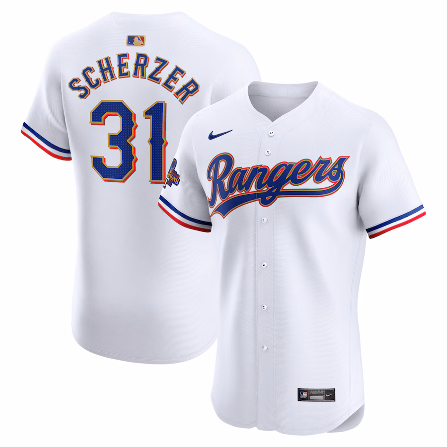 Men's Texas Rangers Max Scherzer Nike White 2024 Gold Collection Elite Player Jersey - Puhuasuan