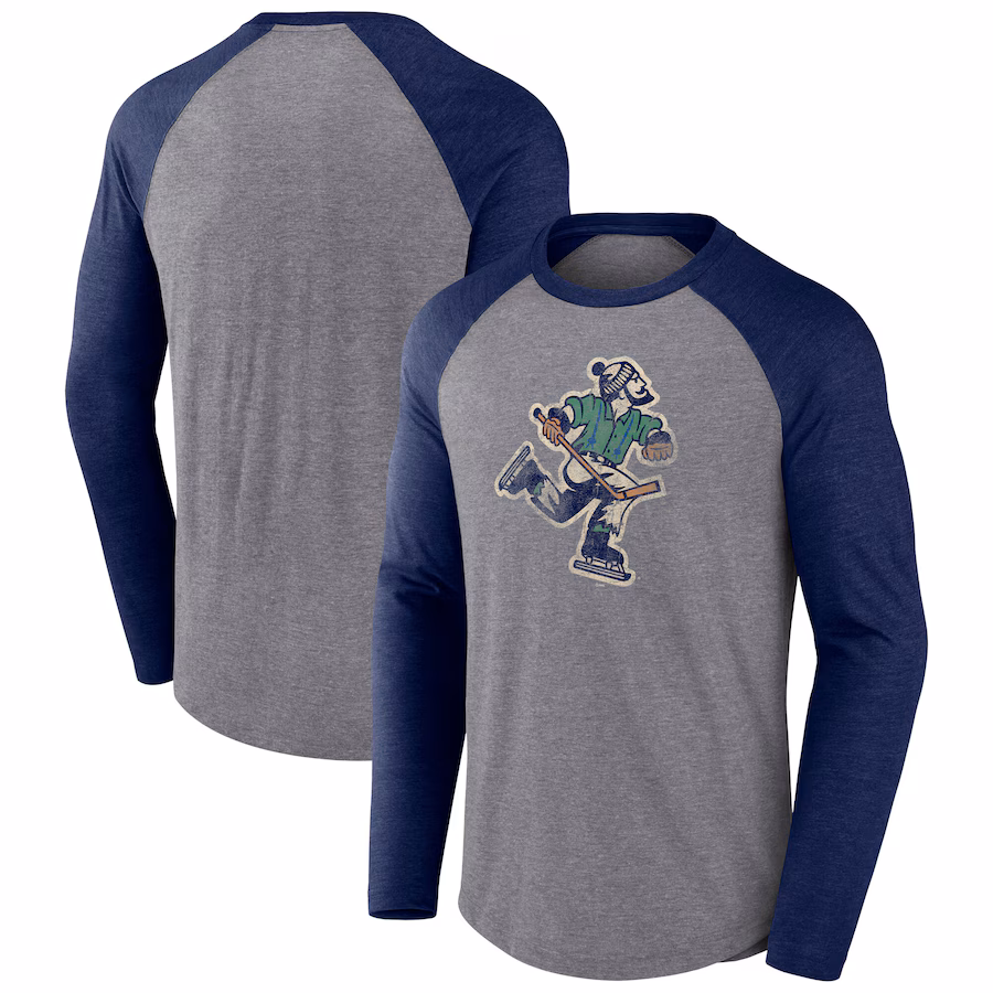 Men's Vancouver Canucks Fanatics Heather Gray Reverse Retro Raglan Tri-Blend Long Sleeve T-Shirt - Puhuasuan