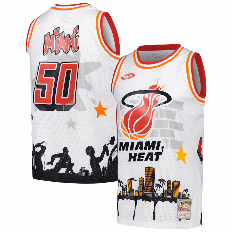 Men's Miami Heat Mitchell & Ness x Tats Cru White Hardwood Classics Fashion Jersey - Puhuasuan