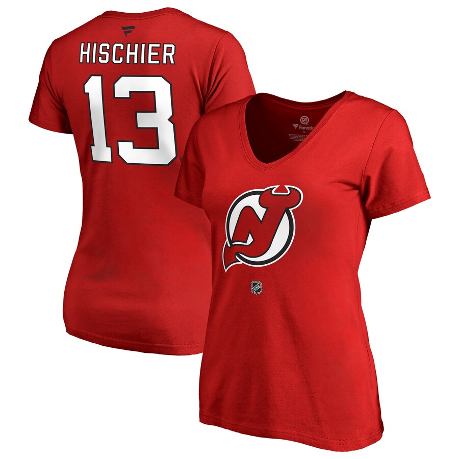 Women's New Jersey Devils Nico Hischier Red Authentic Stack Name & Number V-Neck T-Shirt - Puhuasuan
