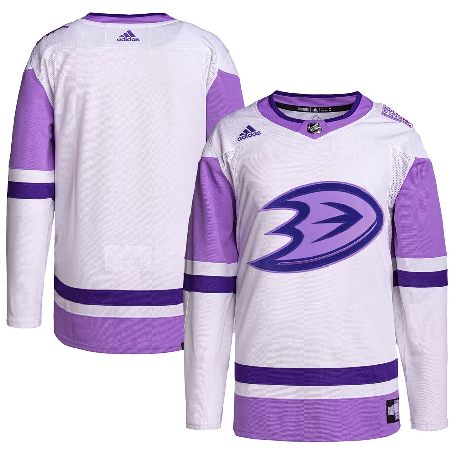 Men's Anaheim Ducks adidas White/Purple Hockey Fights Cancer Primegreen Authentic Blank Practice Jersey - Puhuasuan