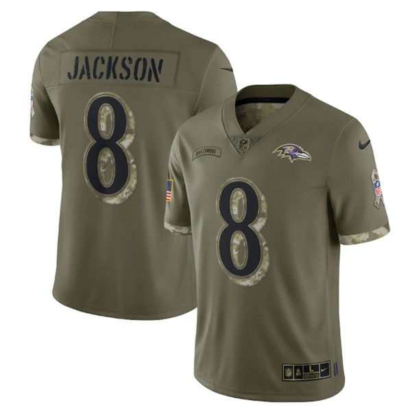 Men's Baltimore Ravens #8 Lamar Jackson 2022 Olive Salute To Service Limited Stitched Jersey - Puhuasuan