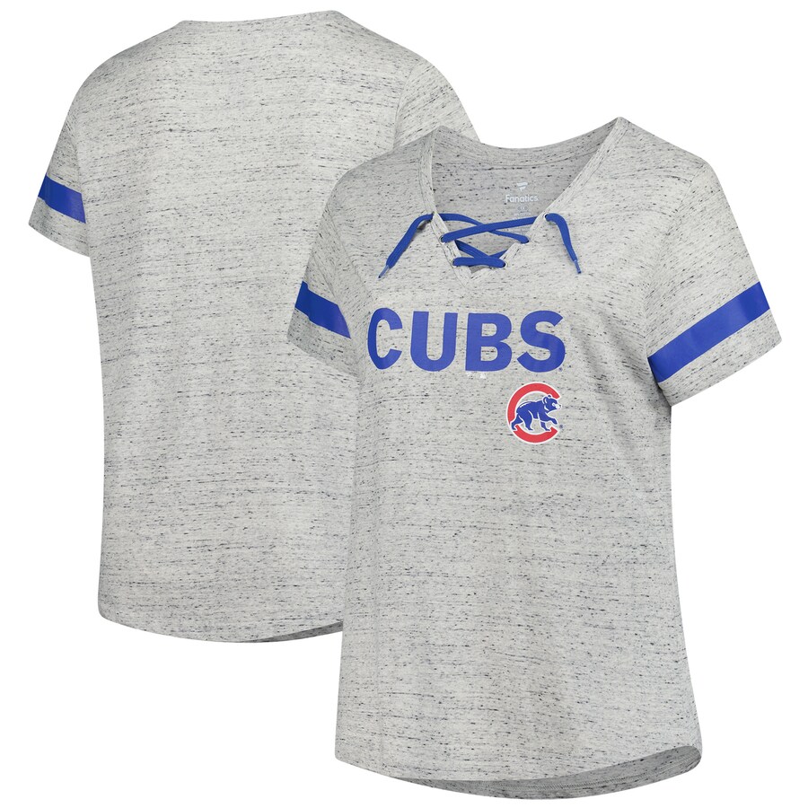 Women's Chicago Cubs Profile Heather Gray Raglan Lace-Up Fleck T-Shirt - Puhuasuan
