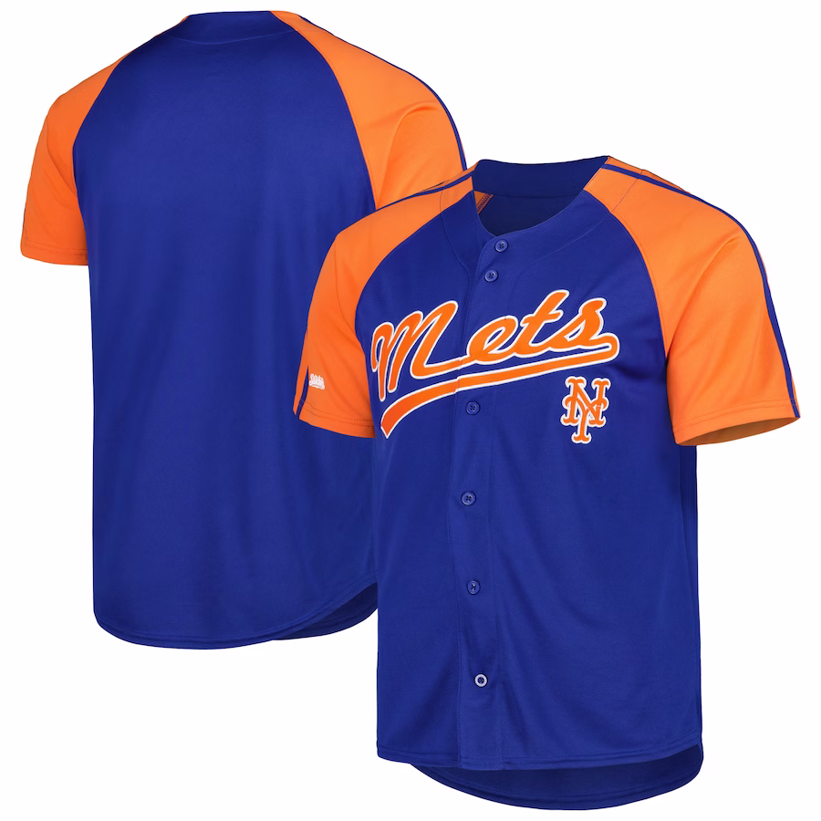 Men's New York Mets Stitches Royal Button-Down Raglan Fashion Jersey - Puhuasuan